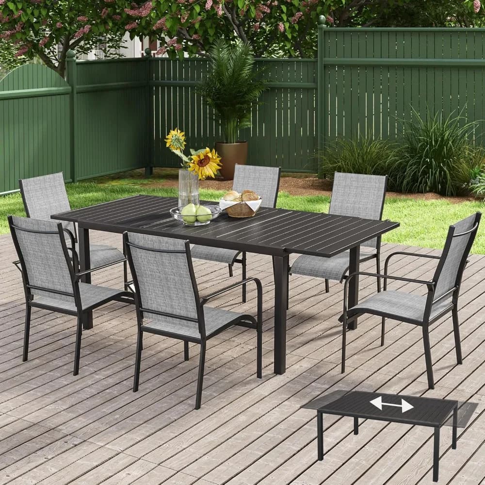 Ensemble de salle à manger de patio 7 pièces avec table rectangulaire extensible (38 "-84"), 6 chais