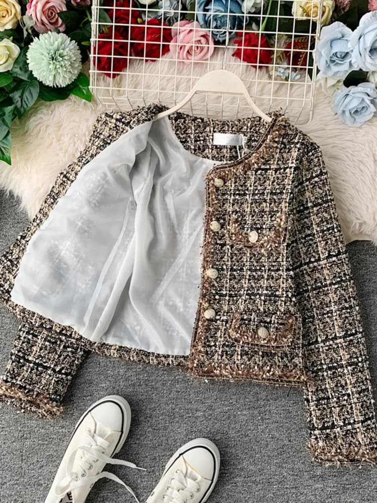 Veste en Tweed Vintage pour femme, nouveau, automne hiver, petit parfum, Patchwork, laine coréenne, 