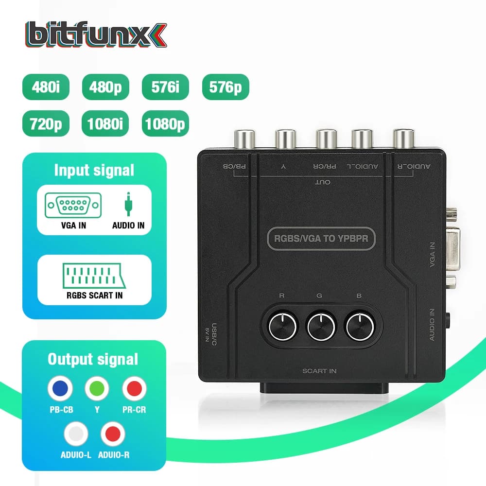 Convertisseur de signal vidéo BitFunx RGBS (Scart) ou VGA vers YPBPR, transcodeur RGBS vers composan