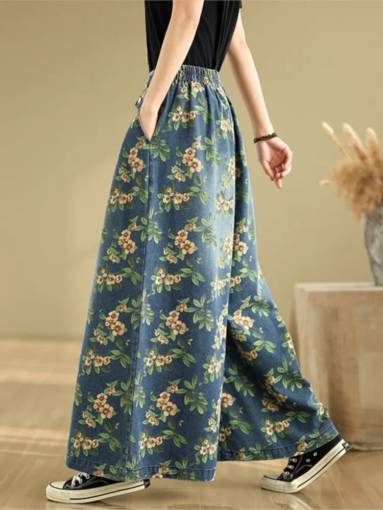 Jean surdimensionné printemps été fleur imprimé fleuri pantalon femmes jambe large Denim ample mode 