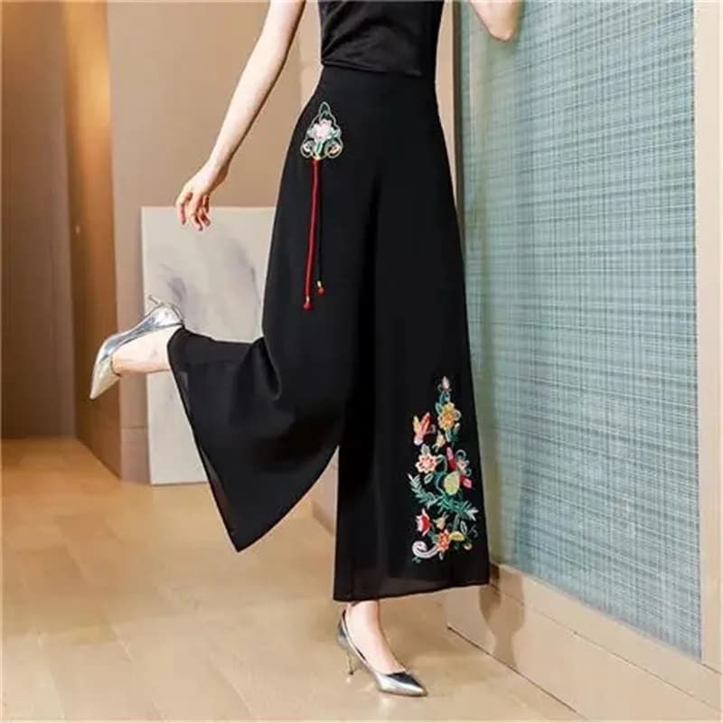 InjMulberry-Pantalon large taille haute brodé, haut de gamme, nouvelle mode été 2022, couleur unie, 