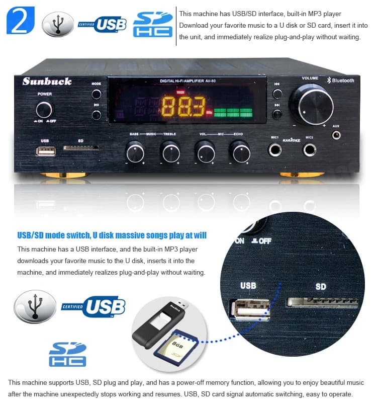 Sunbuck AV-80/298BT 2000W amplificateurs stéréo Bluetooth amplificateur HiFi professionnel haute pui