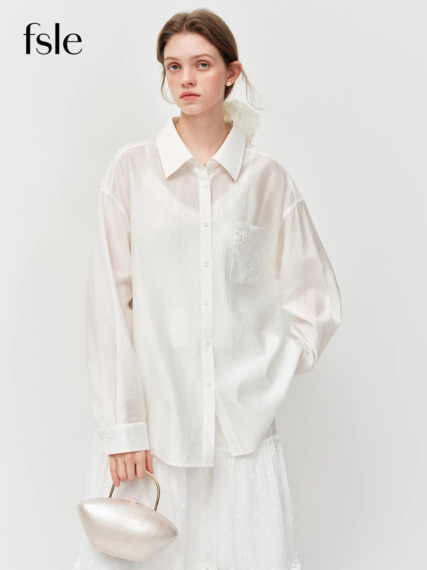 Chemisier blanc à nœud et dentelle pour femme FSLE 2026, col en V, manches courtes, chemise de créat