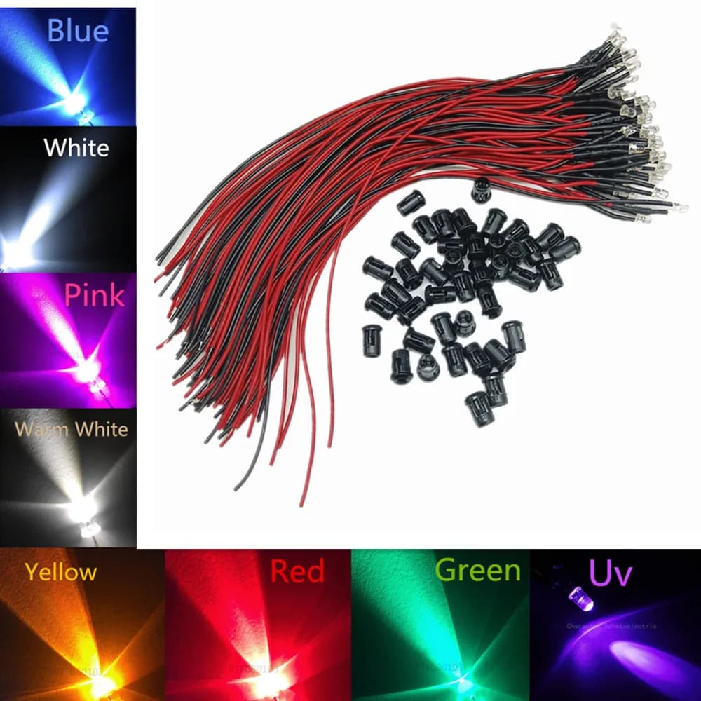 20 diodes LED transparentes DC3V 5V 12V 24V 3MM 5MM 10MM pour rouge/vert/bleu/jaune/UV/orange/rose/c