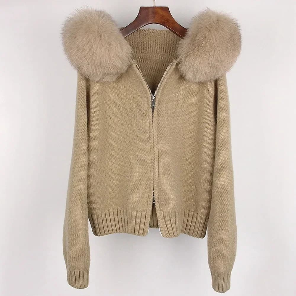 Veste courte tricotée avec manteau en fourrure naturelle pour femme, manteau décontracté à capuche, 