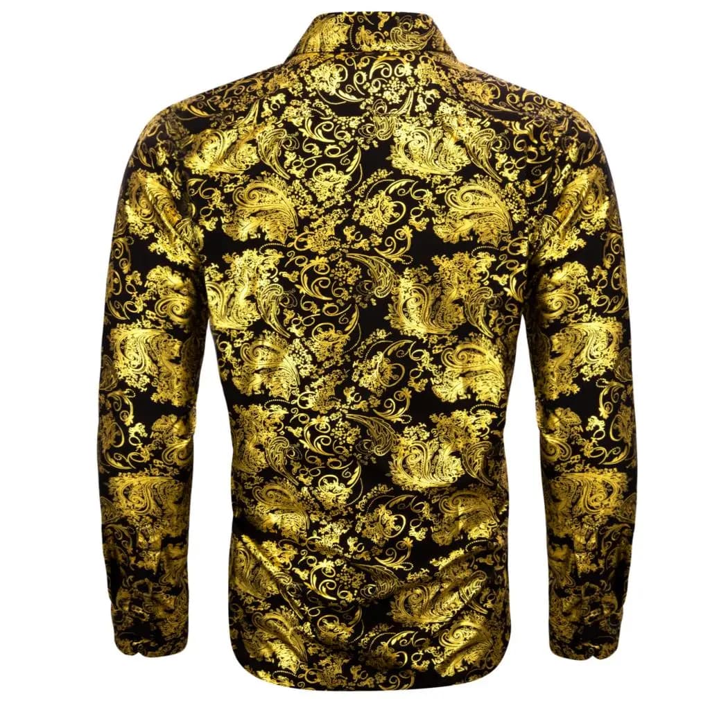 InjShirts de Luxe à Manches sulfpour Homme, Broderie Florale Noire et Dorée, Coupe Ajustée Régulière
