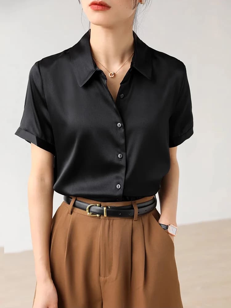 SuyaDream, Chemises unies pour femme, 95% Soie 5% Spandex, Manches courtes, Blouses blanches chics, 