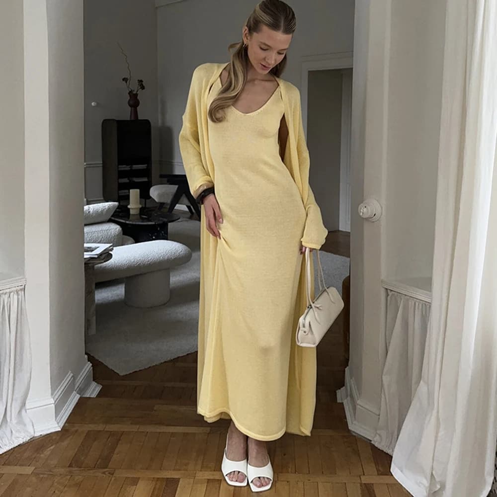 Tuularose femmes robe longue 2 pièces solide tricoté Spaghetti sangle robe à manches longues Cardiga