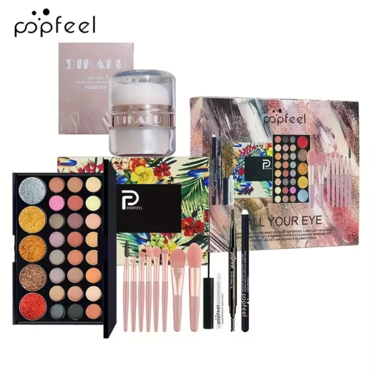 POPFEEL Kit de maquillage complet tout-en-un avec pinceau + illuminateur pour le visage - Ensemble d