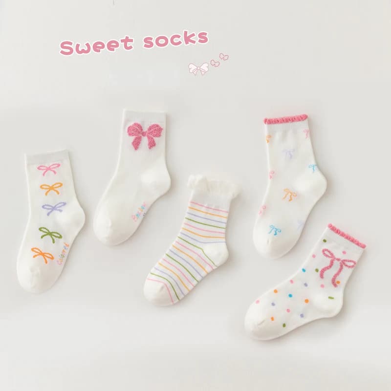 5 paires de chaussettes mi-mollet avec nœud papillon pour enfants filles, en coton peigné sélectionn