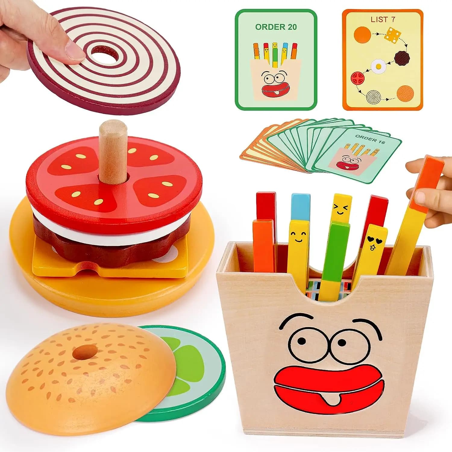Jouet Montessori pour enfants, Sandwich à Hamburger en bois, frites, tri, jouets empilables, apprent