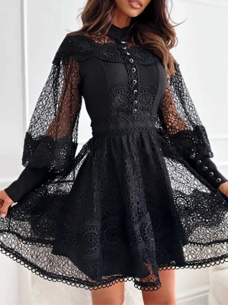 Mini robe à col rond pour femmes, couleur unie, vêtements de détente, mode, ajouré, manches lanterne