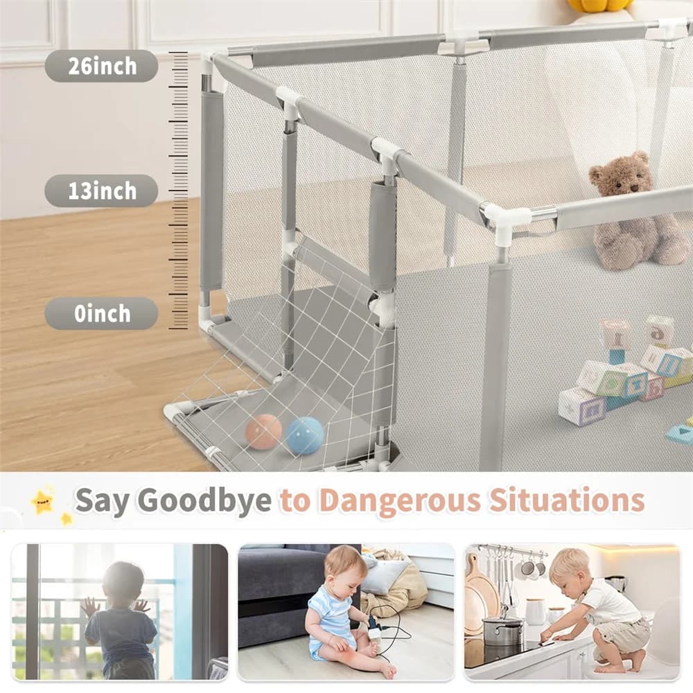 Aire de jeux pour bébé, parc pour bébé de 70 pouces, boîte de clôture grise pour enfants avec Angle 