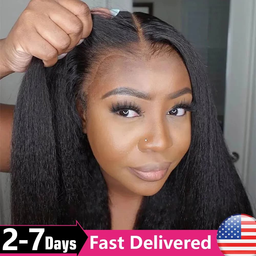 Kinky Straight Lace Frmeds Wig, Go Glueless Wig, Yaki Straight Human Hair Wig, Pre Plucked, 6x4 HD L