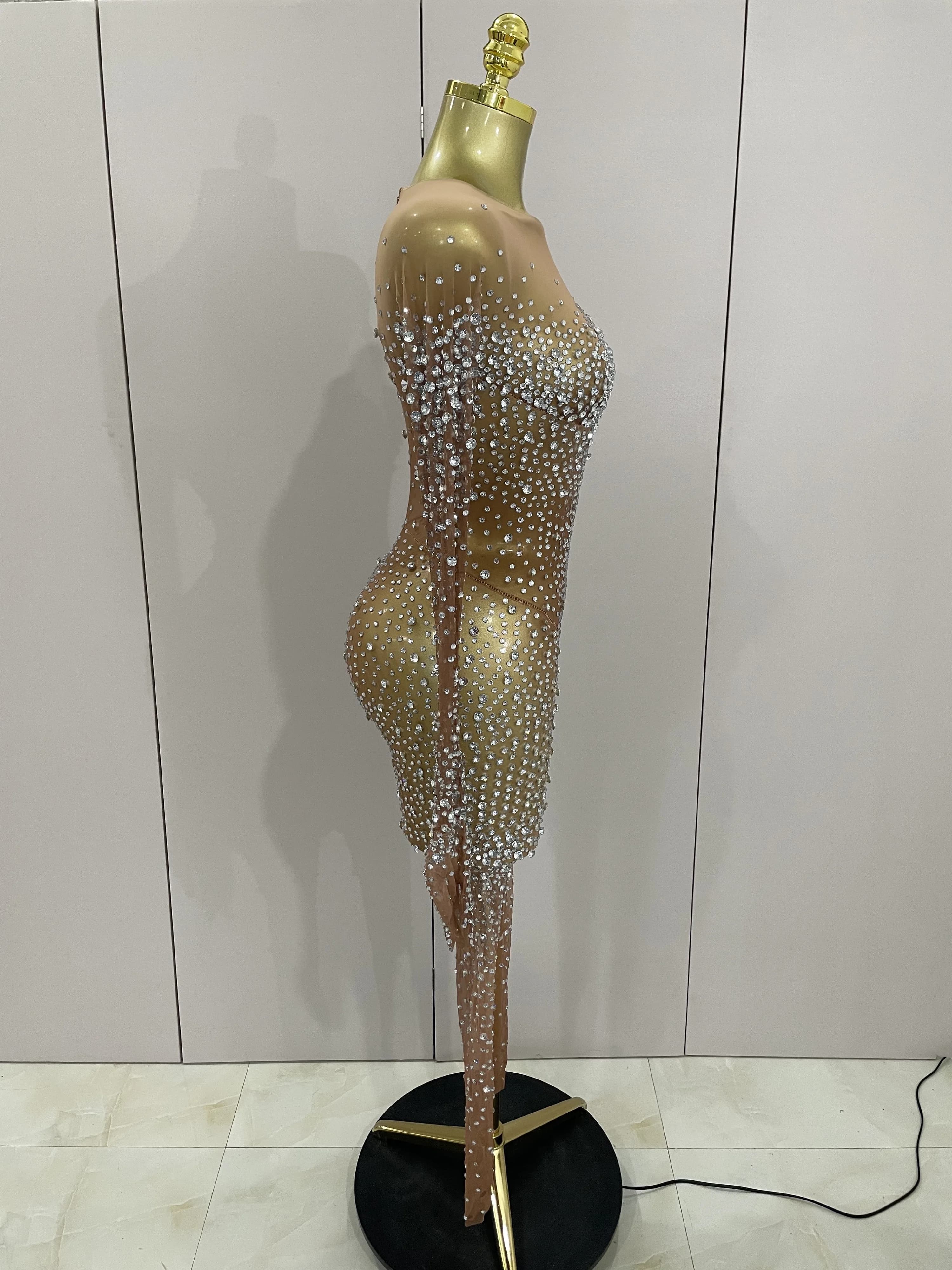 Combinaison de luxe en maille transparente pour femmes, strass scintillants, Sexy, moulante, robe d'