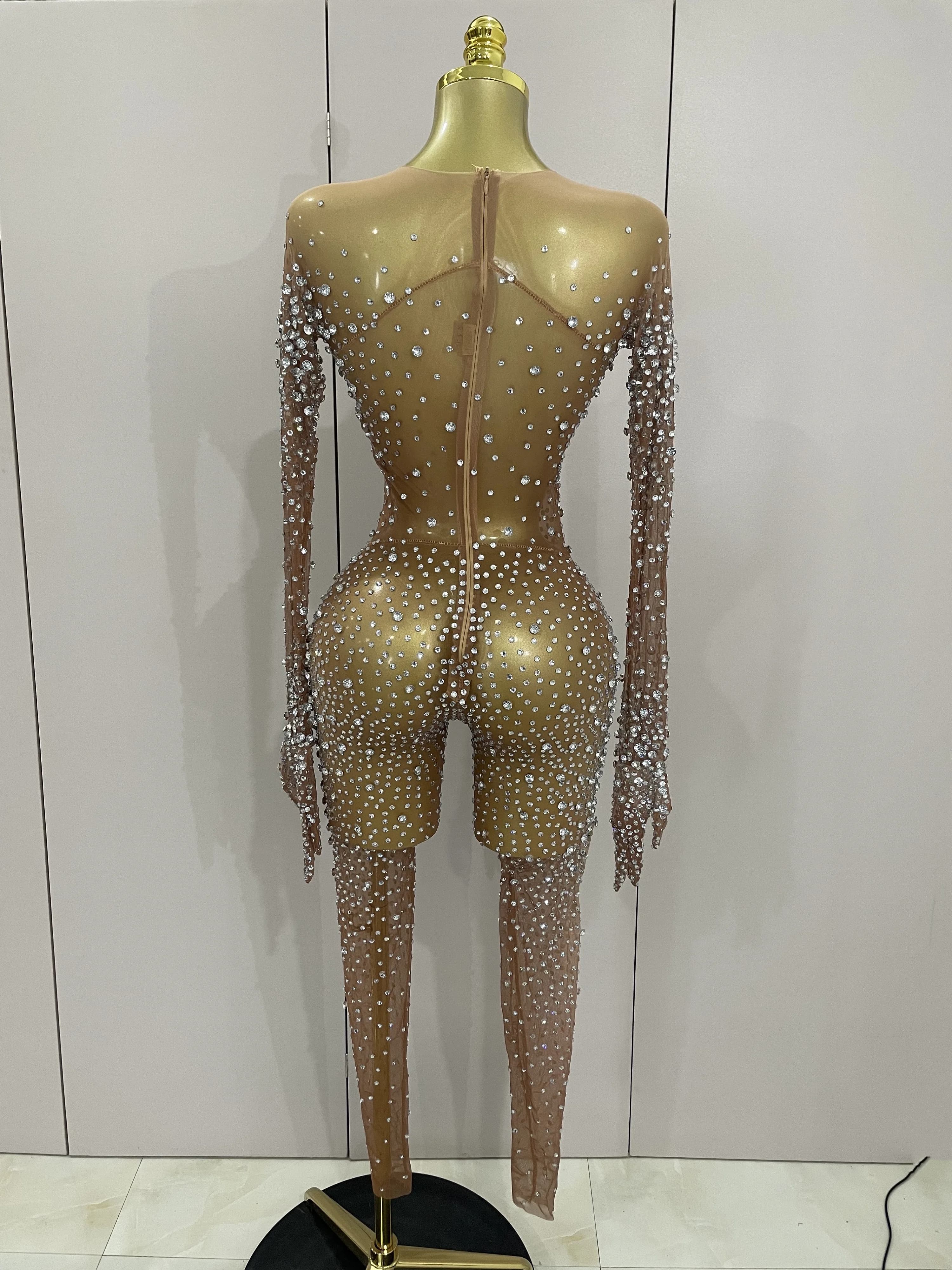 Combinaison de luxe en maille transparente pour femmes, strass scintillants, Sexy, moulante, robe d'