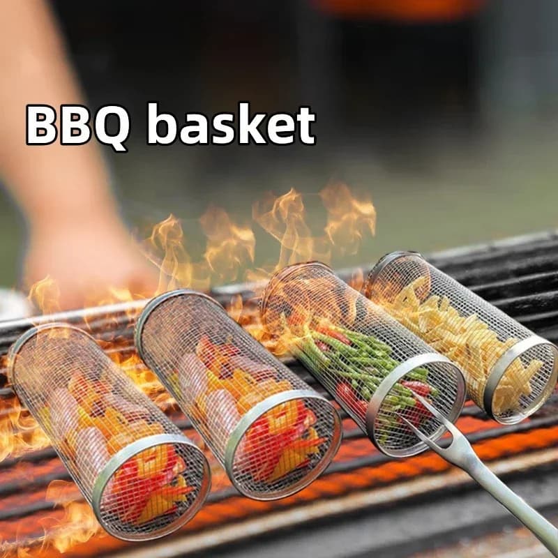 Panier de barbecue roulant-le plus grand panier à griller jamais, maille de gril ronde en acier inox