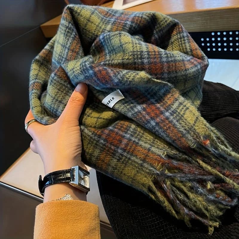 Vintage vert Plaid gland écharpe femmes Imitation cachemire épaissi chaleur automne hiver châle Wrap