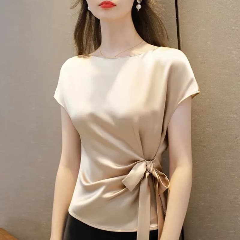 Chemise en mousseline de soie à col bateau pour femme, blouse en satin acétate, vintage, noir, blanc