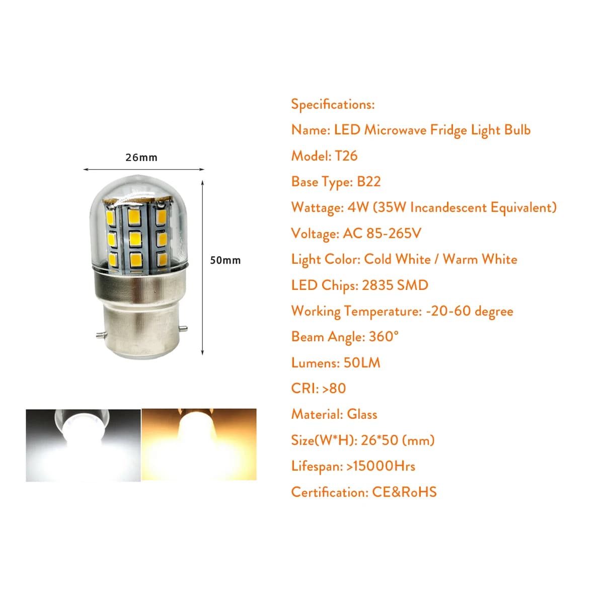 Mini ampoules LED B22 pour micro-ondes et réfrigérateur, lampe blanche froide et chaude, économie d'
