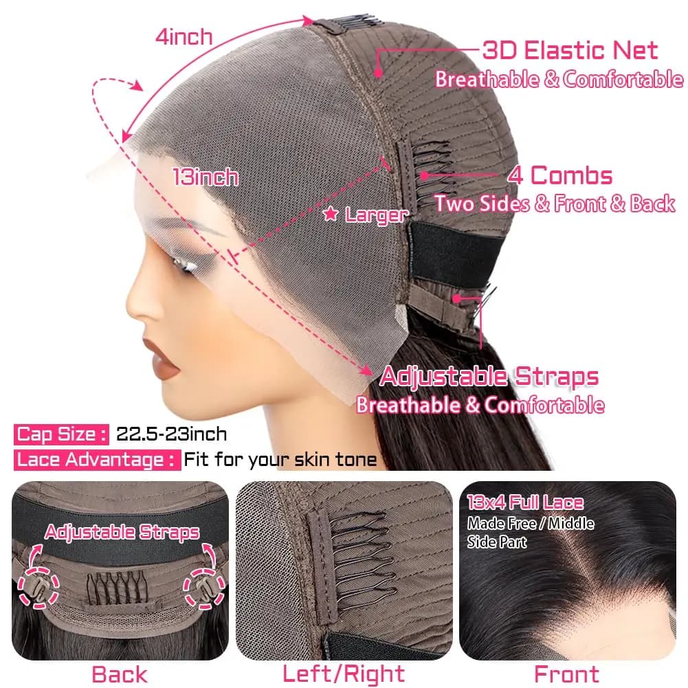 Perruques Lace Front 13x4 de 30 pouces, densité 200%, pré-épilées, sans colle, lisses, noires, synth