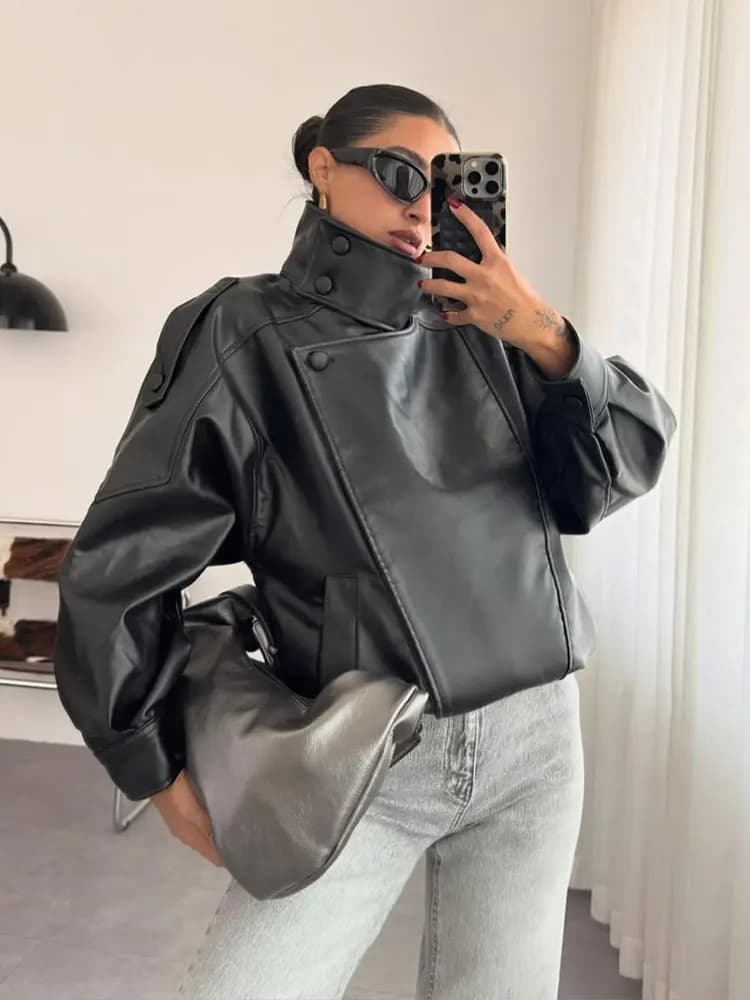 HH 2026 Manteaux en cuir PU noirs tendance pour femme, col montant, manches longues, veste zippée, s