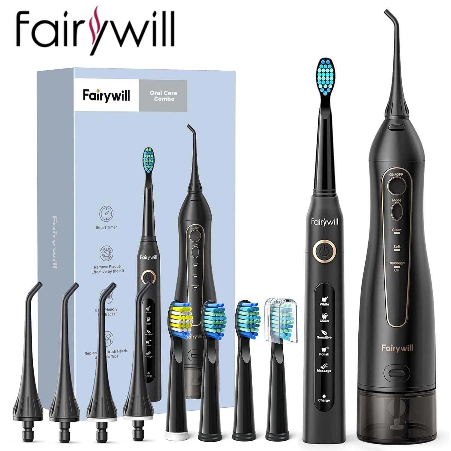Fairywill – brosse à dents électrique sonique et jet d'eau, Charge USB, étanche, 5 Modes, 3 têtes, n