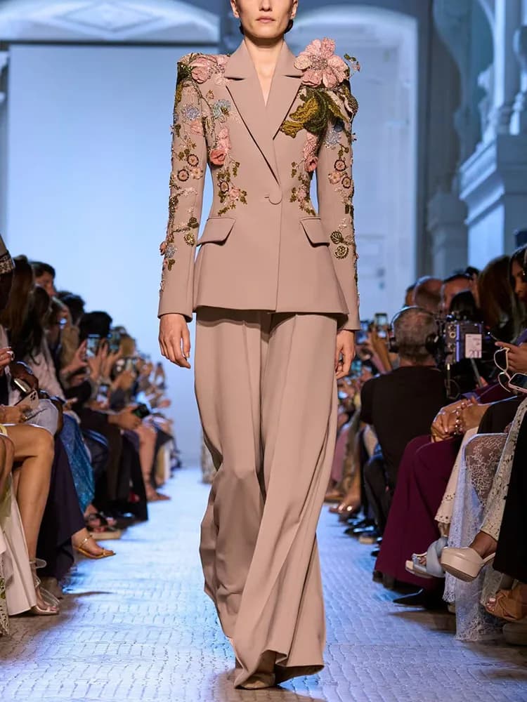 HIGH STREET – ensemble de costume de défilé de styliste pour femmes, Blazer perlé à fleurs 3D, panta