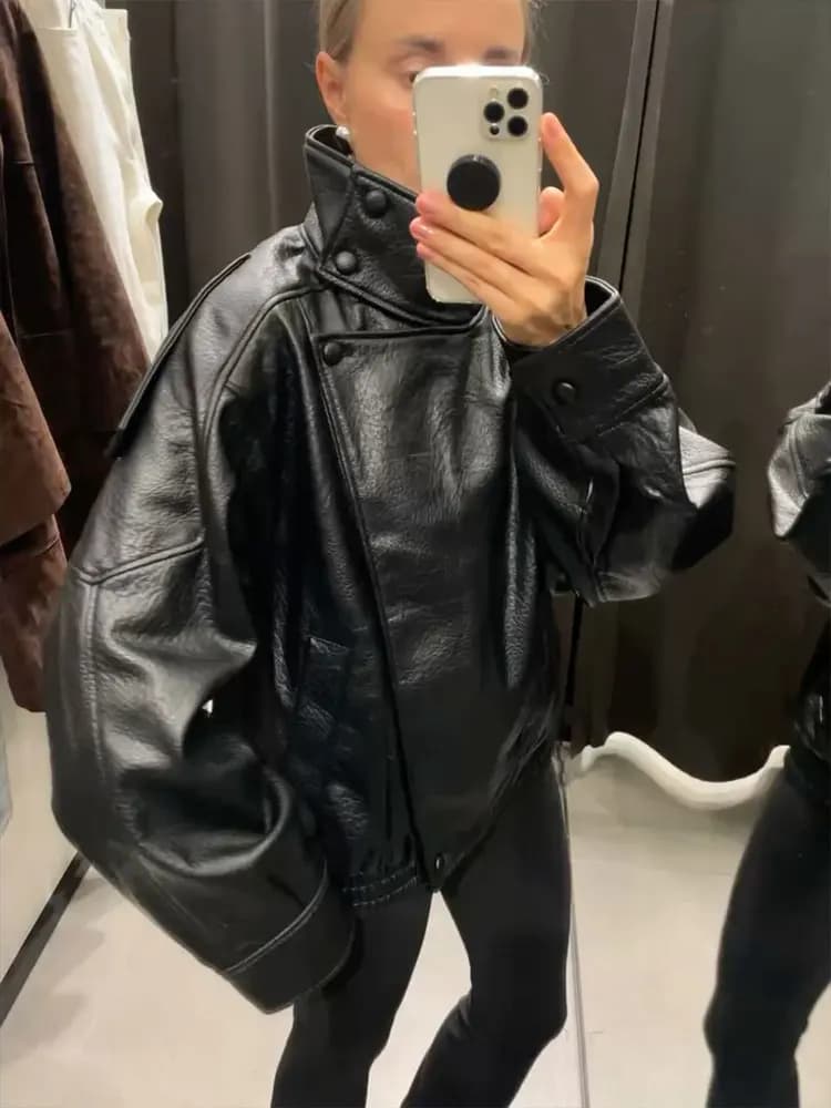 HH automne veste en simili cuir pour femmes décontracté solide fermeture éclair manches longues en c
