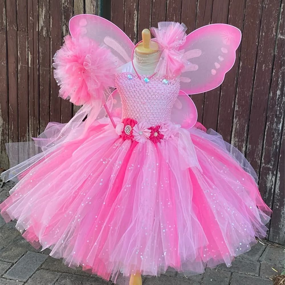 Robe Tutu à paillettes violettes pour filles, tenue Tutu féerique de fleurs avec aile de papillon et