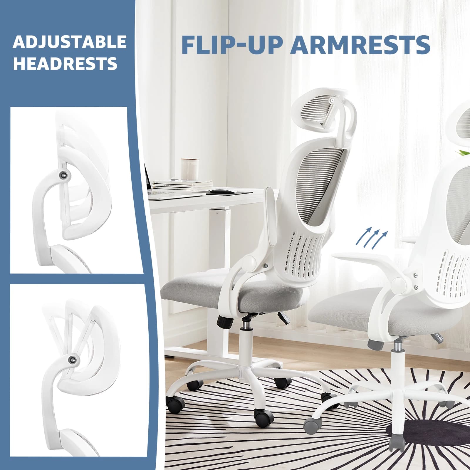 JHK – chaise de bureau ergonomique en maille, bras rabattables, appui-tête réglables, Support lombai