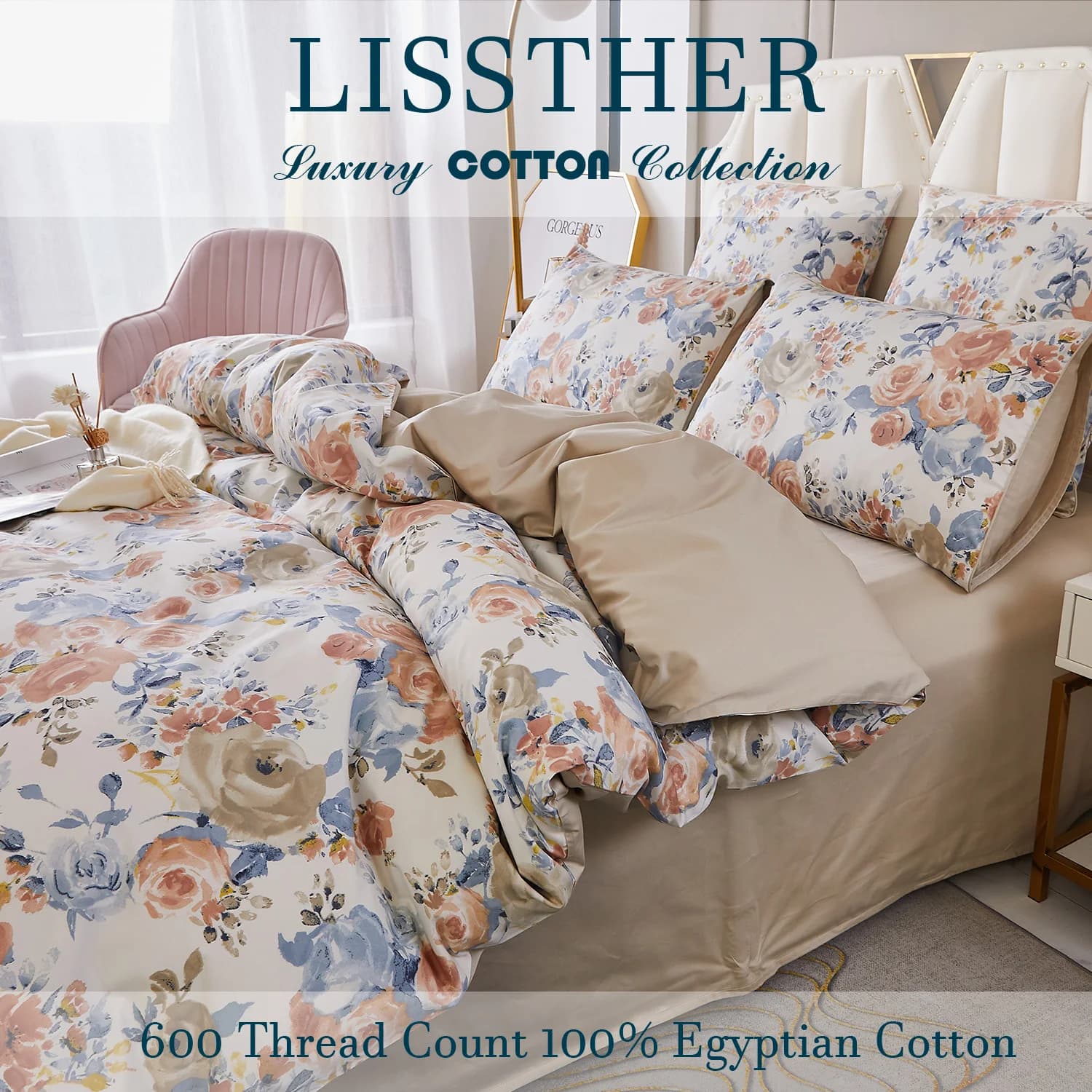 Ensemble de housse de couette 3 pièces 600TC 100% coton égyptien, imprimé Floral de jardin Vintage, 