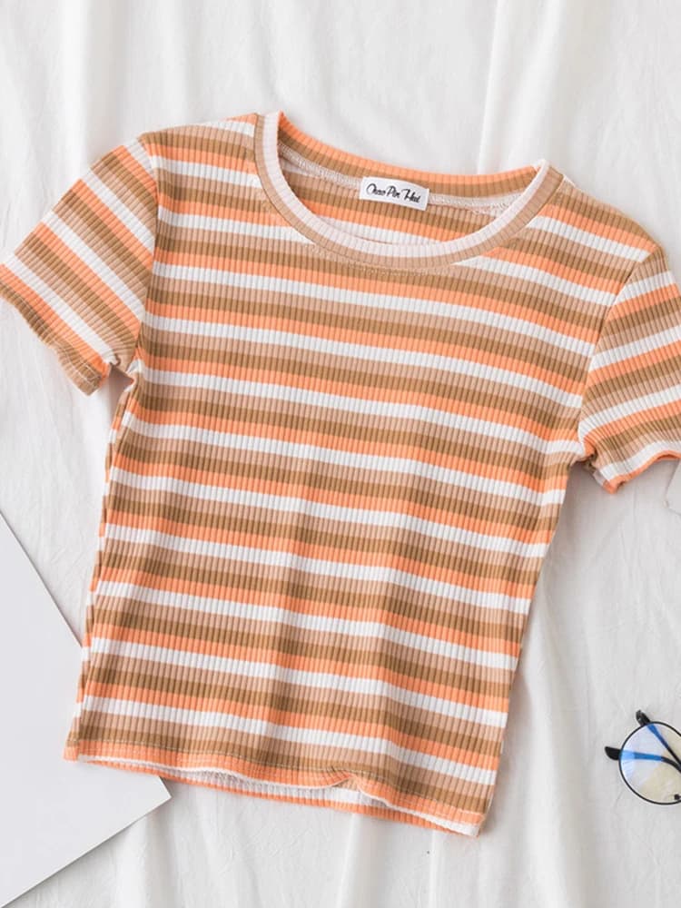 T-shirt à rayures arc-en-ciel pour femmes, haut à manches courtes, vêtement estival et slim, marque 