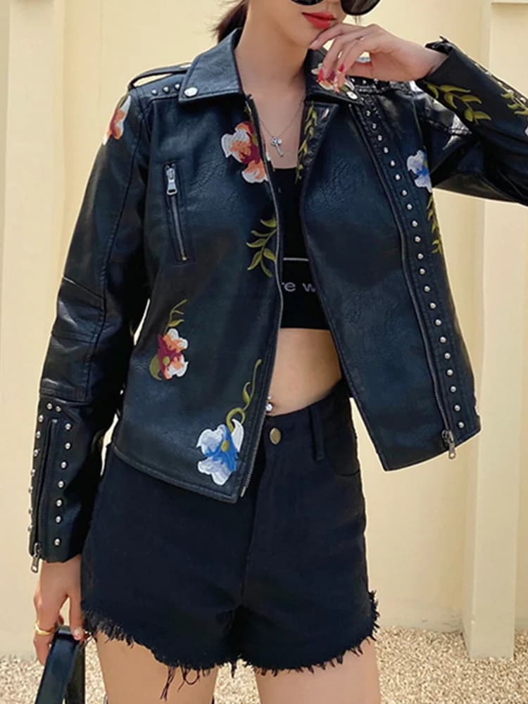 Ailegogo femmes Vintage Floral imprimé brodé Court Noir pu similicuir veste printemps automne femmes