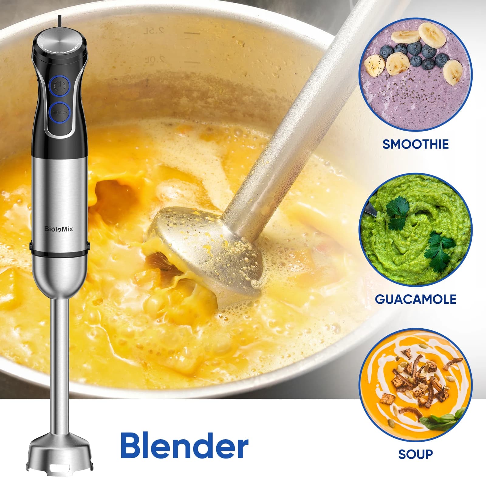 BioloMix-Mélangeur plongeant 5 en 1, mixeur 1500W avec lame en acier inoxydable 304, robot culinaire
