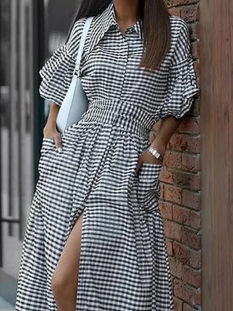Yeezzi 2025 nouvelle mode Plaid revers chemise robe femmes manches à volants poches boutonnées fente