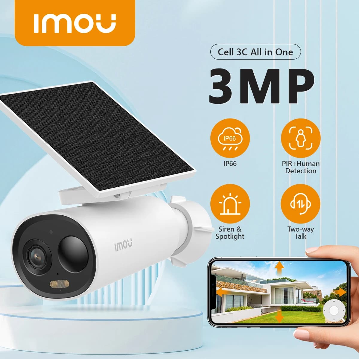 Caméra solaire IMOU Cell 3C AIO 3MP avec panneau solaire, caméra rechargeable Wi-Fi, caméras de surv