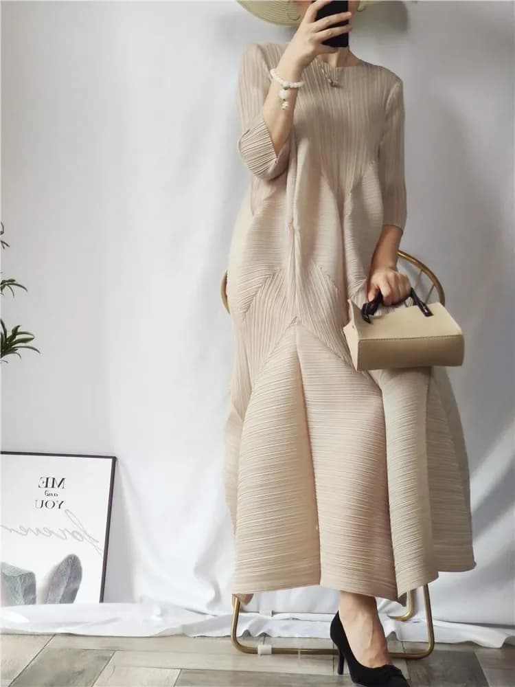 Ata Yake-Robe Longue Plissée avec Bourgeon, Lanterne, Grande Taille, Décontracté, Élégant, Esthétiqu