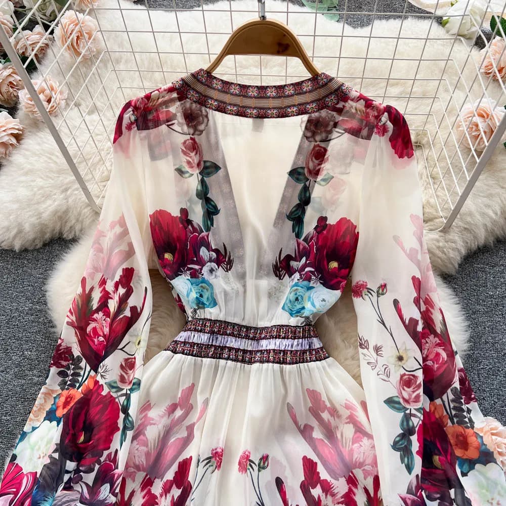 Robe de style bohème pour femme, col en V profond, manches longues, décontracté, imprimé floral, vol