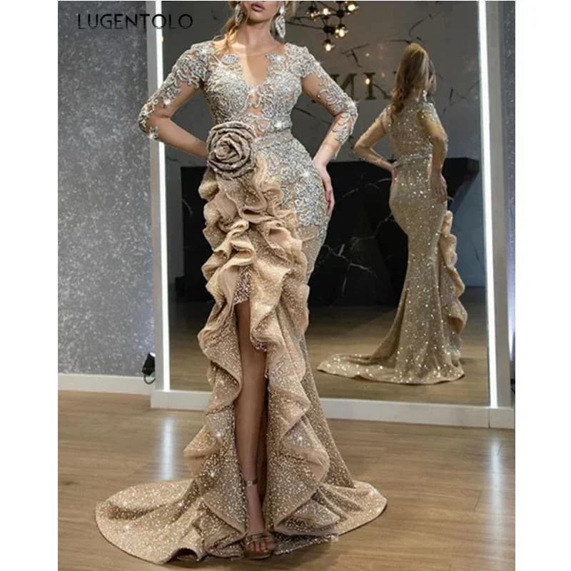 Lugentolo-Robe de soirée à paillettes pour femmes, nœud mince, manches longues, col rond, maille élé