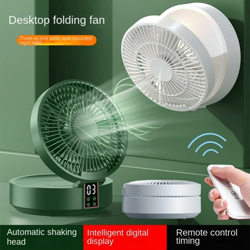 Ventilateur Électrique Pliable avec Télécommande, Portable, Mural, Rechargeable par USB, Veilleuse, 