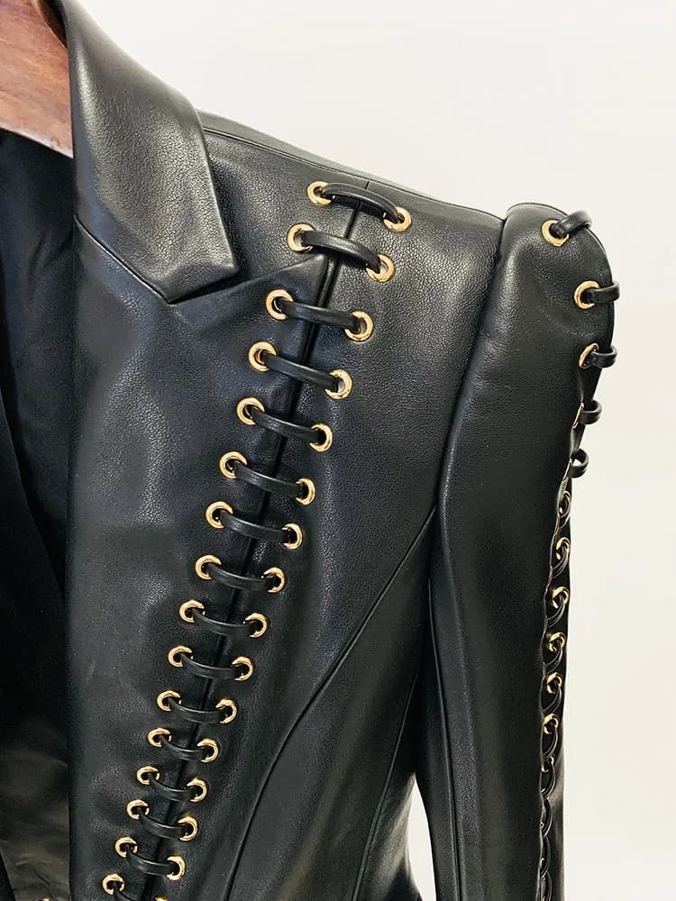 Veste de créateur tendance de haute qualité 2026, veste en cuir ajustée à lacets pour femmes