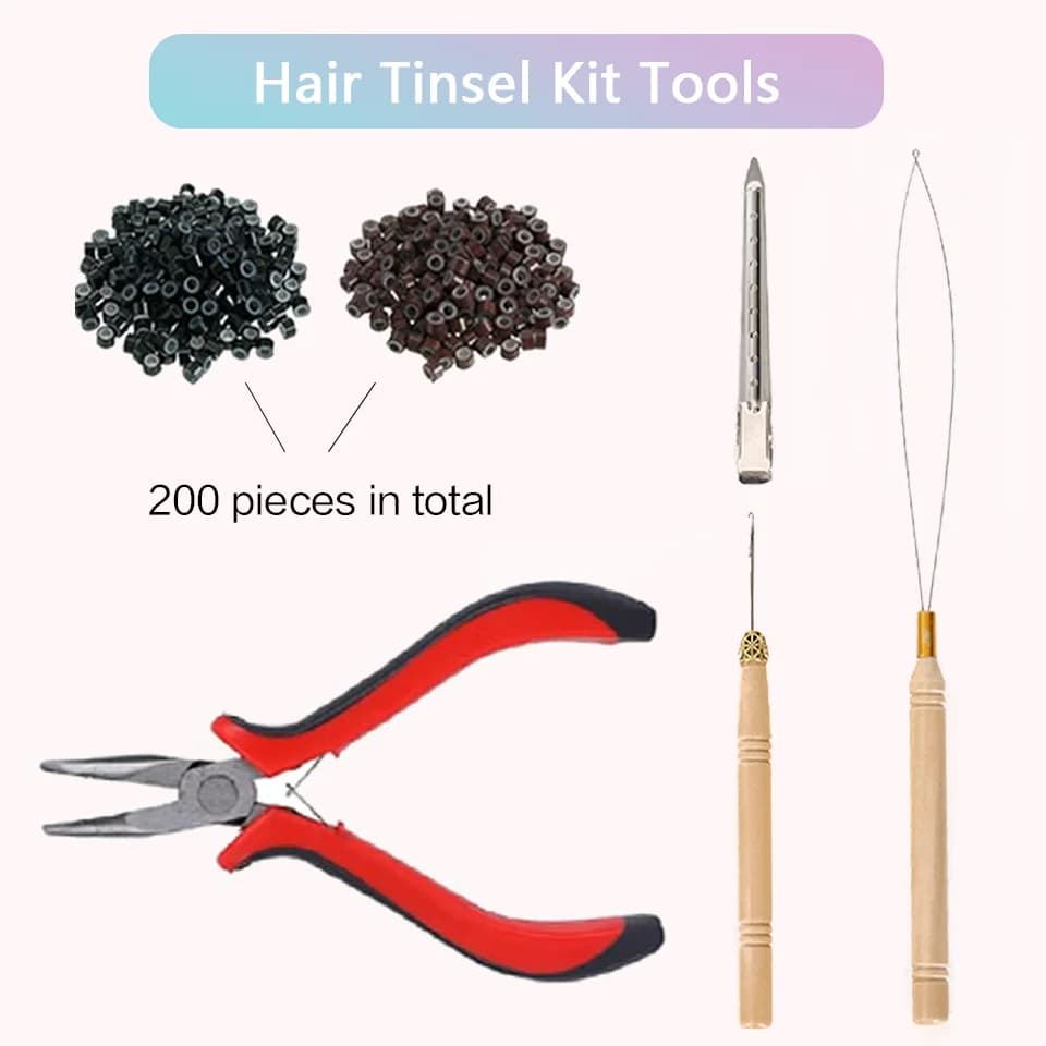Kit d'extensions capillaires synthétiques Tinsel avec outils, mèches de cheveux 1200 brins, nickel é