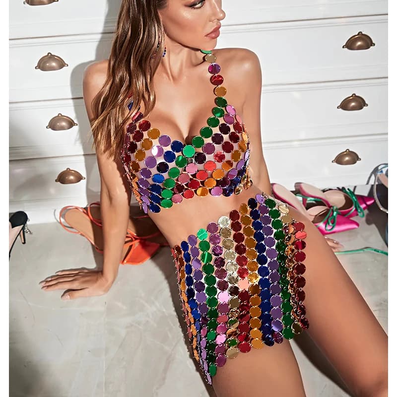 Chainmail Rainbow Crop Top Set pour femme, Sexy, Body, JOMini, Jupe, Disque, Coloré, Paillettes, Dis