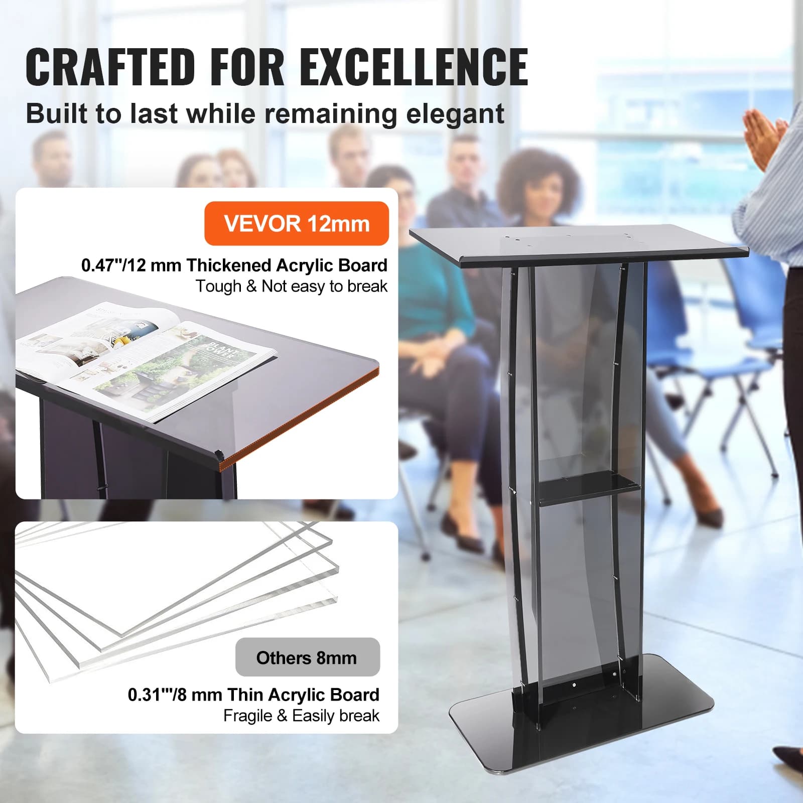 SucceBuy Support de Podium en acrylique de 47 pouces, pupitre transparent sur pied, pupitre de burea