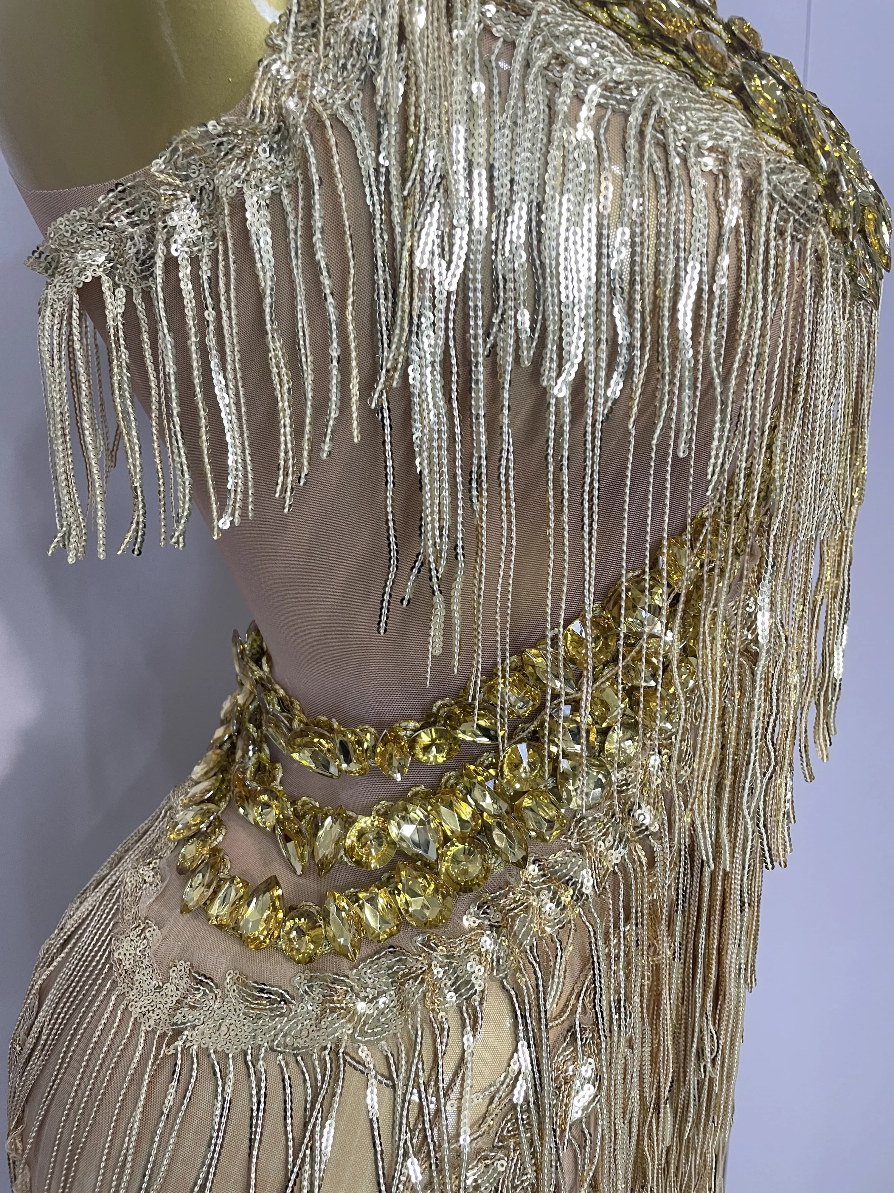 Combinaison à jambes larges pour femmes, strass dorés brillants, franges pailletées, tenue de soirée