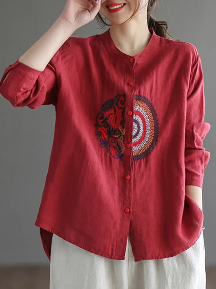 Chemises décontractées pour femmes, style vintage, col montant, broderie, tout match, printemps, fem