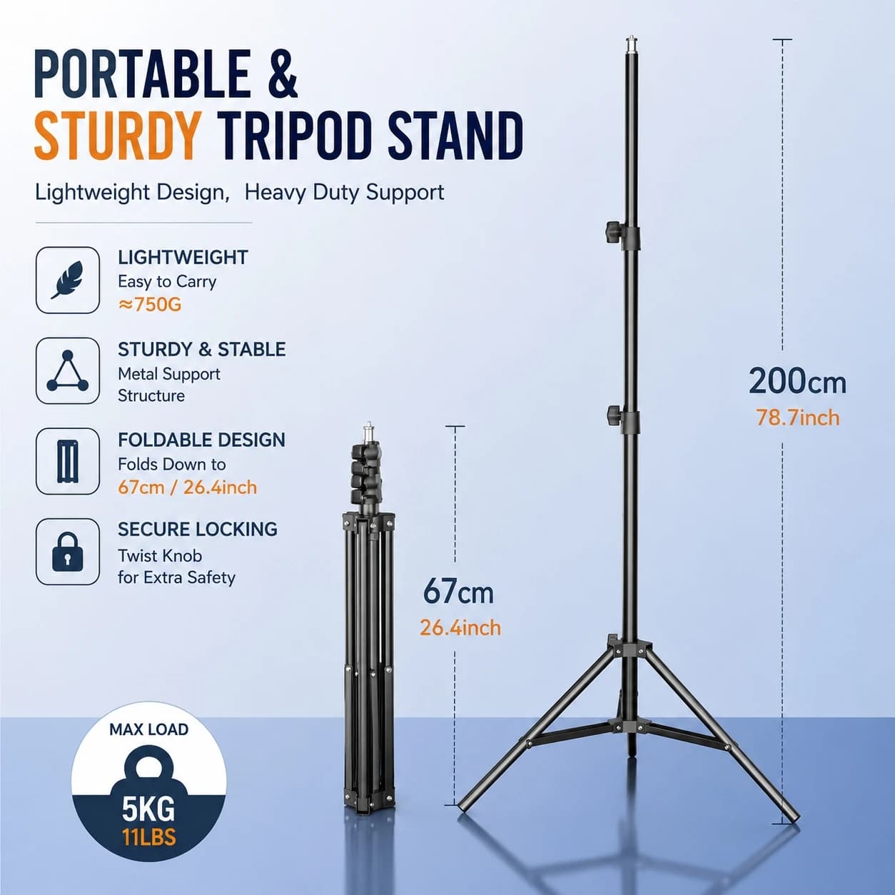 Support d'éclairage robuste en acier au carbone 200 cm, trépied pliable pour la photographie en stud