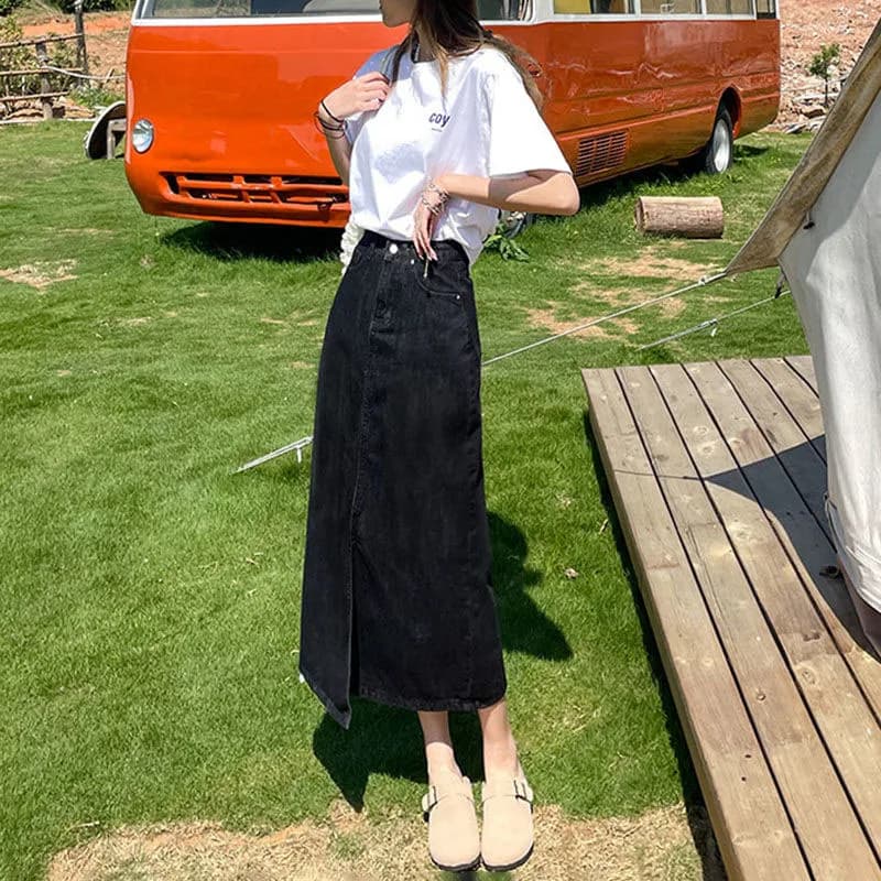 Xpqbb-Jupe Midi en Denim pour Femme, Taille Haute, Fente Frontale, Longue, Coréenne, Streetwear, Déc