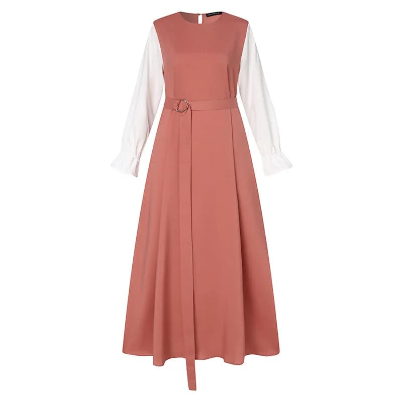 Robe Abaya à manches volantées pour femme musulmane col rond de haute qualité avec ceinture libre vê
